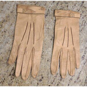 Vintage Size S 6 3/4 Tan Kid Leather Formal Gloves Fold Over Snap Wrist Scroll